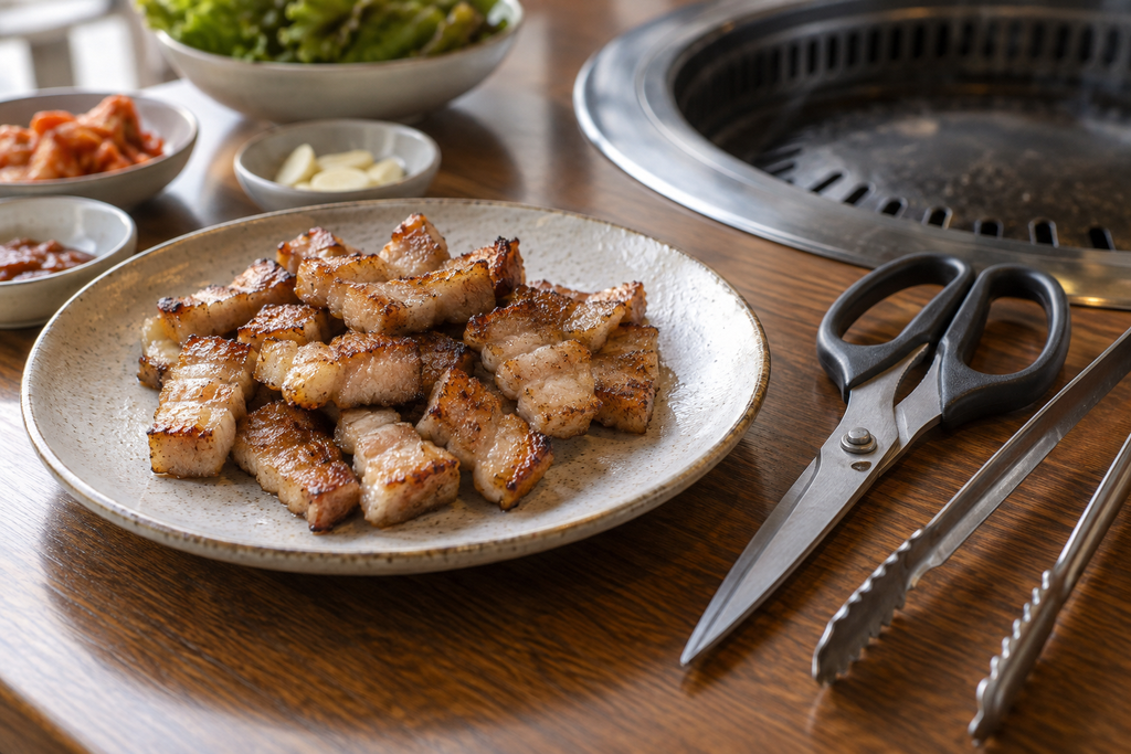 一口大に切った焼き豚バラ肉と、調理用ハサミ、金属製トング