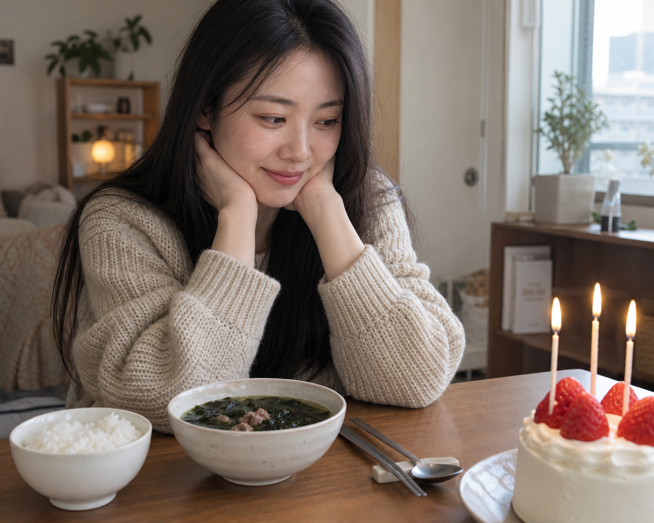 韓国の誕生日の食卓に並べられた料理とケーキ