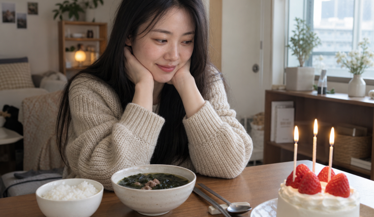 韓国の誕生日の食卓に並べられた料理とケーキ