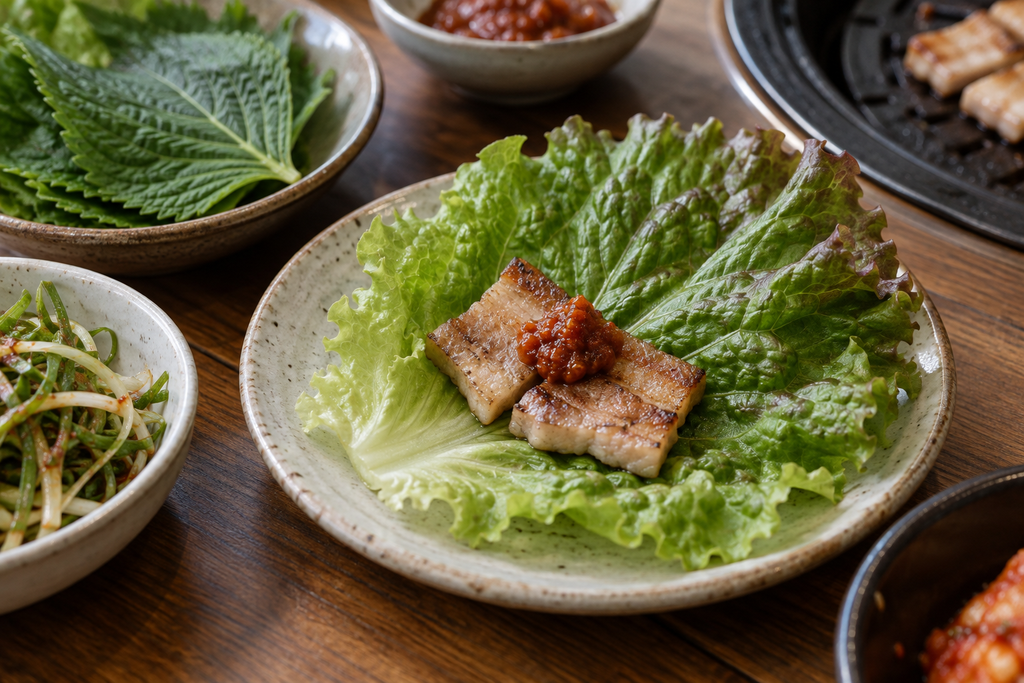 サンチュに焼いた豚バラ肉とサムジャンをのせた、包む前のサム